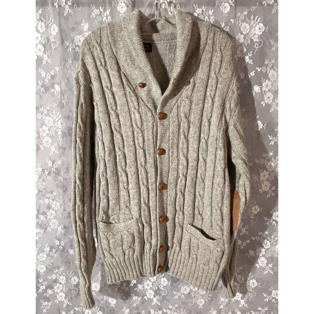 Vintage 90s Eddie Bauer Wool Cable Knit Cardigan Shawl Collar Elbow Patch XL